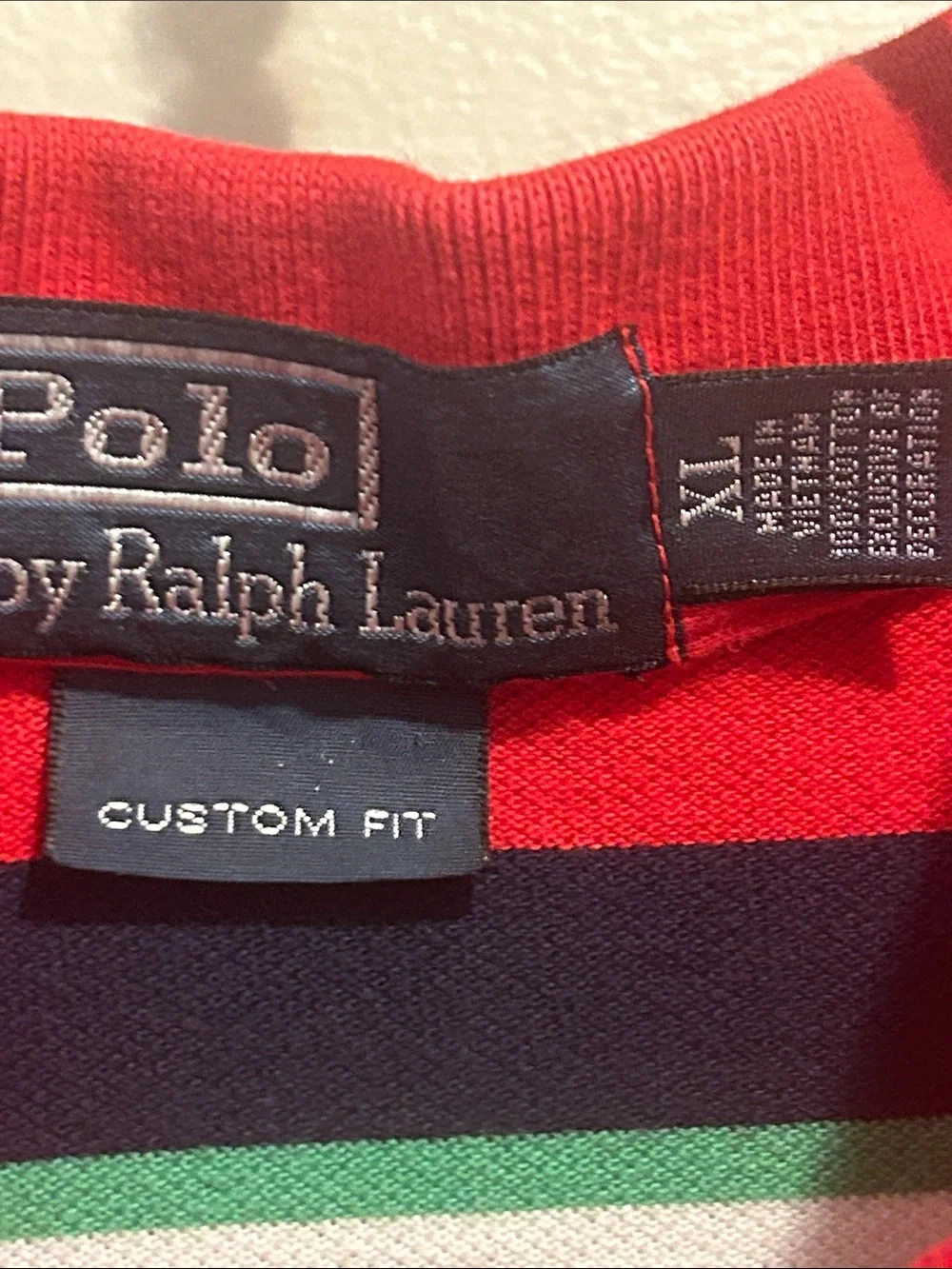 Polo Ralph Lauren Striped Polo Shirt Mens XL Custom Fit Red Navy Green Cotton